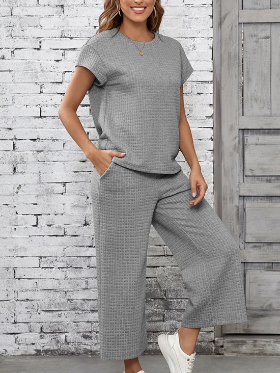 Women's Split Joint Plain Daily Going Out Two-Piece Set Gray Casual Summer Top With Pants Matching Set