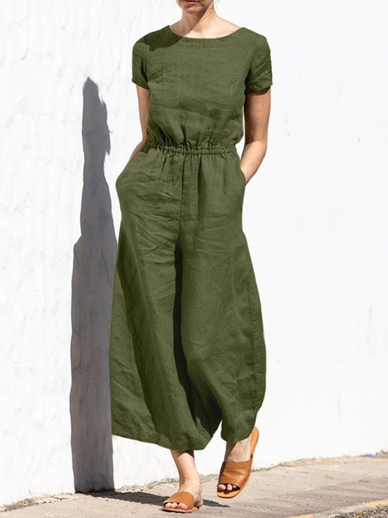 Casual Regular Sleeve Plain Crew Neck Jumpsuit