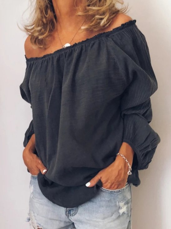 Casual Plain Cold Shoulder Balloon Sleeve Blouse