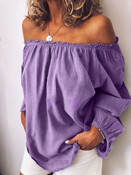Casual Plain Cold Shoulder Balloon Sleeve Blouse