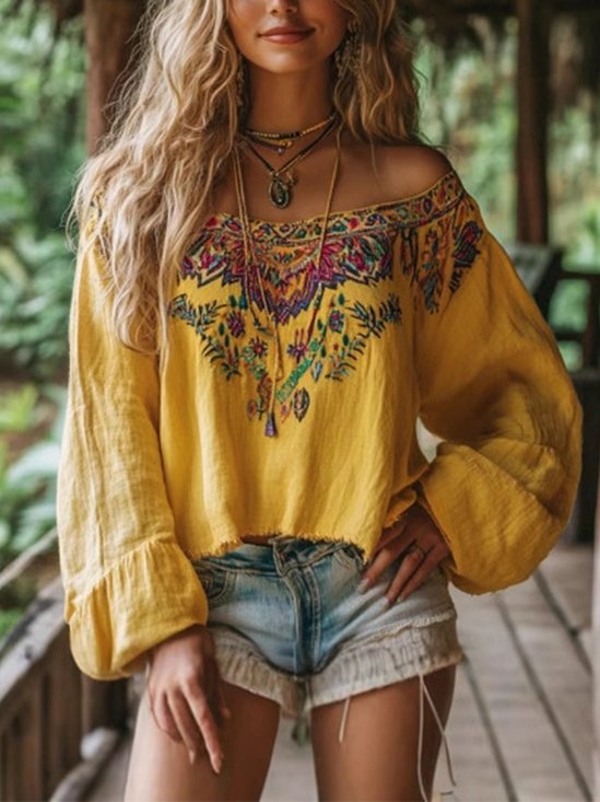 Vacation Floral Printing Cold Shoulder Balloon Sleeve Blouse