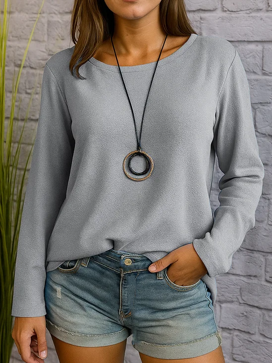 Women Plain Crew Neck Casual Long Sleeve T-shirt