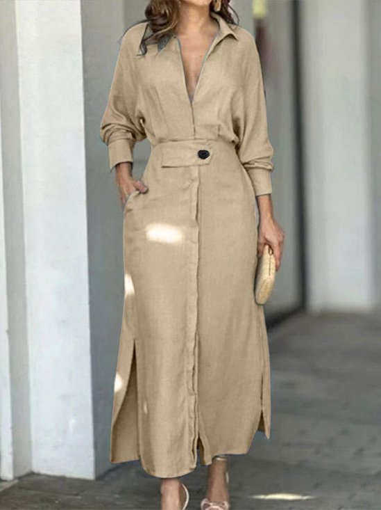 Women's Long Sleeve Spring/Fall Apricot Plain Split Joint V Neck Daily Going Out Vintage Maxi A-Line Tank Dress