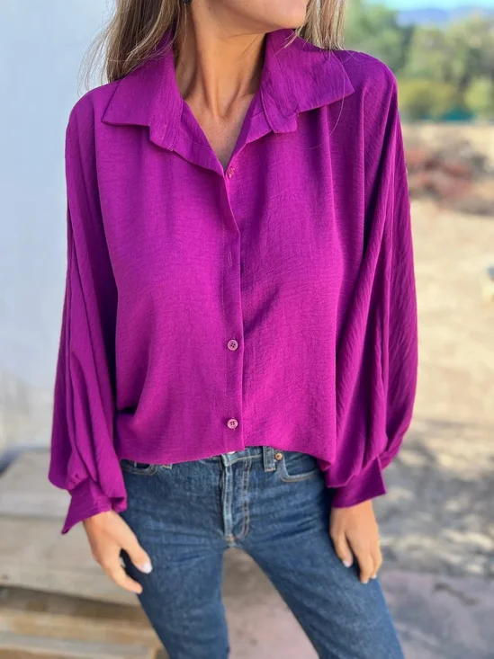 Women's Long Sleeve Shirt Spring/Fall Fuchsia Plain Split Joint Shawl Collar Dolman Sleeve Daily Going Out Casual Top