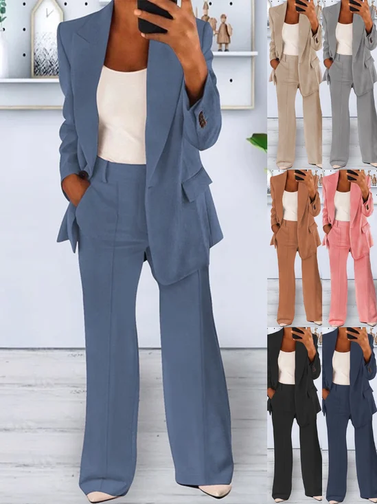 Women's Buckle Plain Daily Going Out Two-Piece Set Blue Casual Spring/Fall Coat With Pants Matching Set