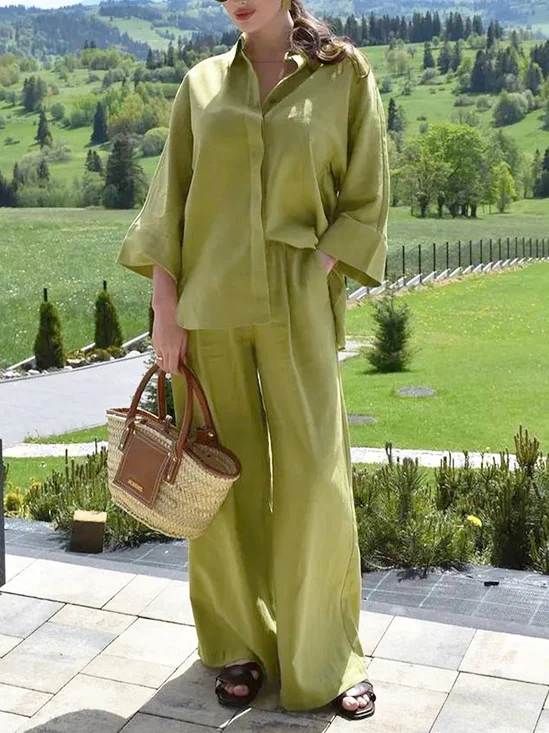 Casual Plain Shirt Collar Two-Piece Set