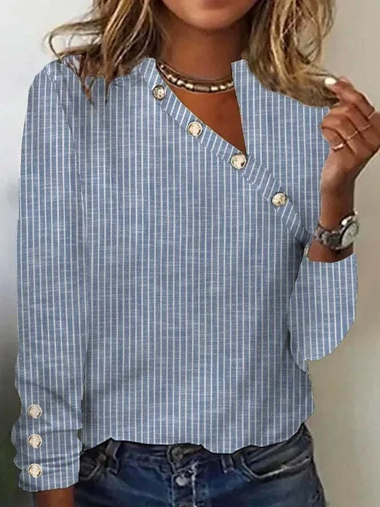 Urban Striped Buttoned Asymmetrical Blouse