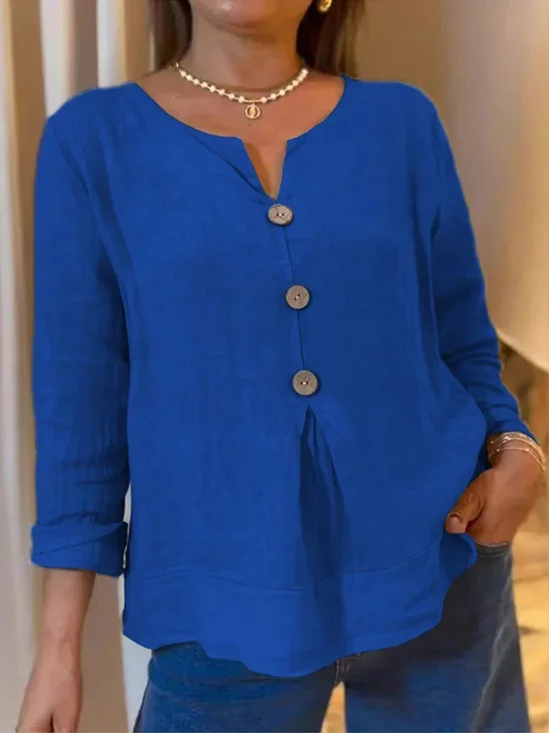 Casual Plain Buttoned V Neck Blouse