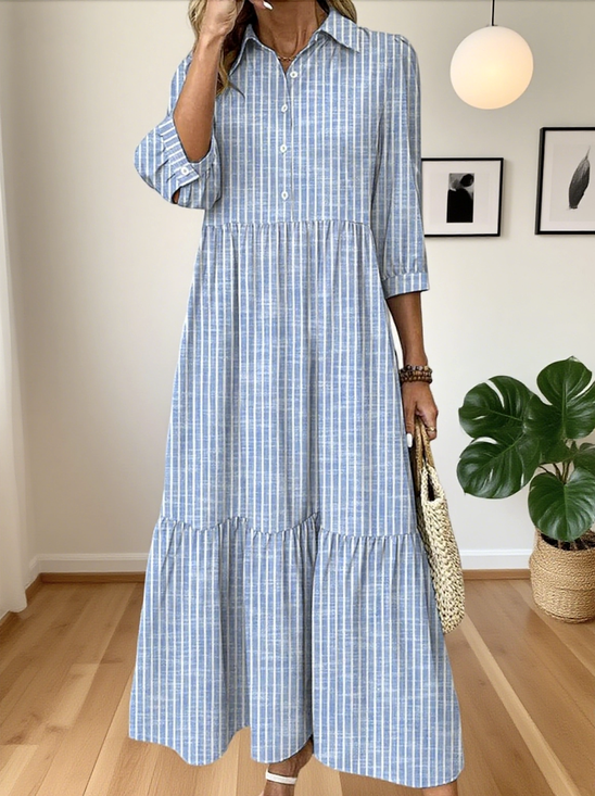 Casual Cotton Shirt Collar Dress With No