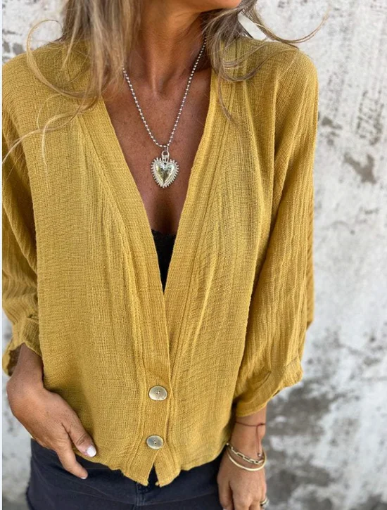 Spring And Autumn New Loose T-shirt Women's V-neck Casual Cotton Linen Cardigan