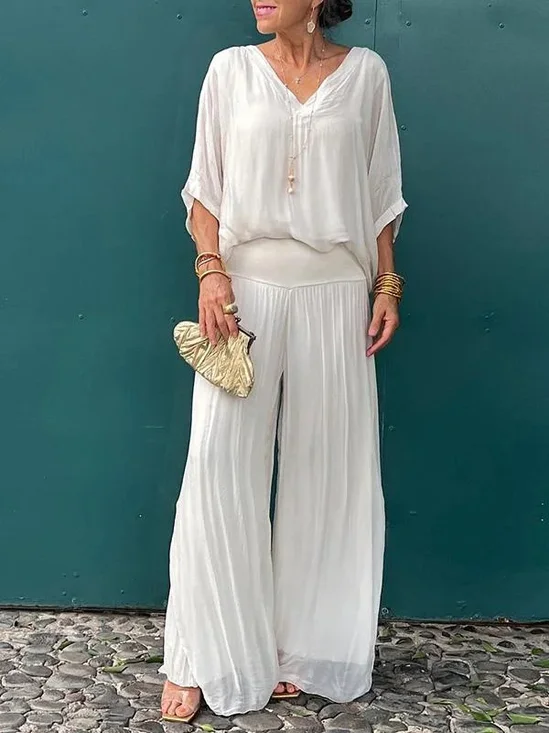 Women's Split Joint Plain Daily Going Out Two-Piece Set White Casual Summer Top With Pants Matching Set