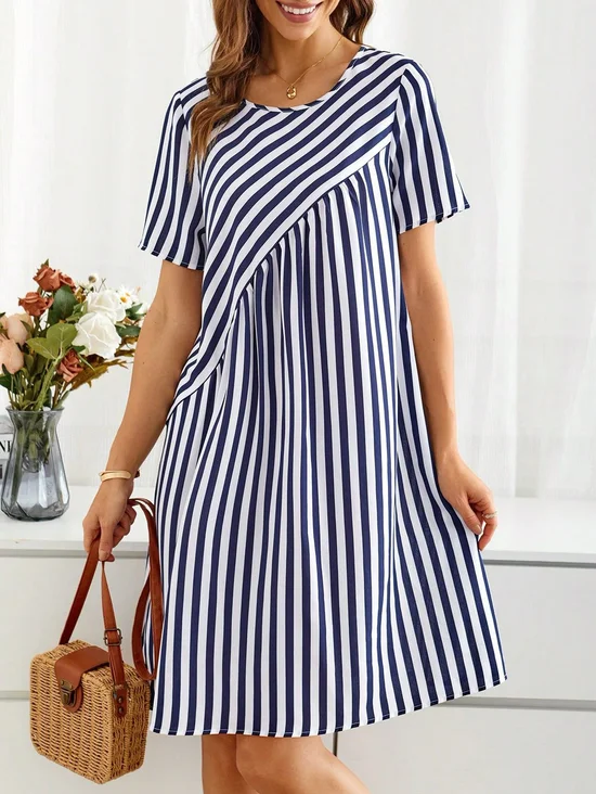 Crew Neck Regular Fit Casual Striped Dress With No