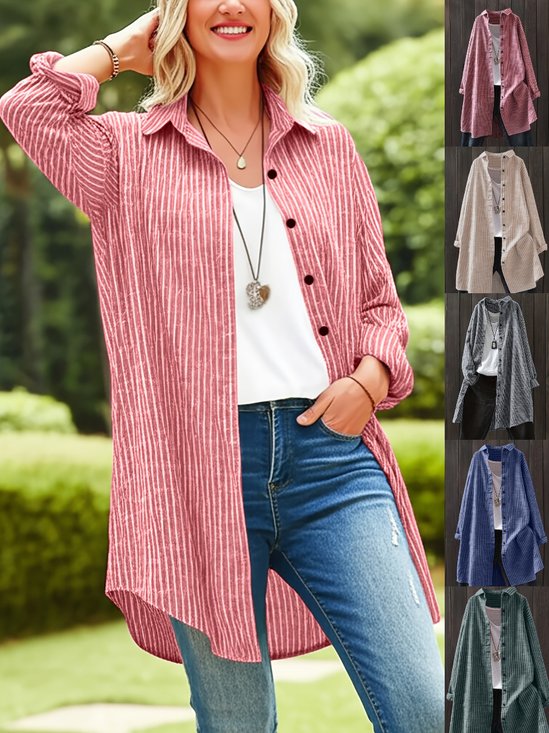 Women's Long Sleeve Shirt Spring/Fall Green Striped Split Joint Polyester Cotton Stand Collar Daily Going Out Casual Top