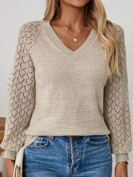 Women Plain V Neck Casual Long Sleeve T-shirt
