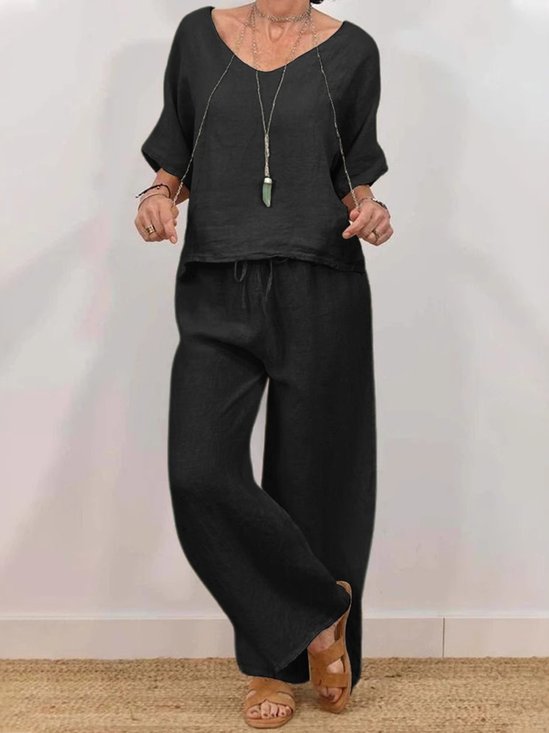 Casual Plain V Neck Two-Piece Set