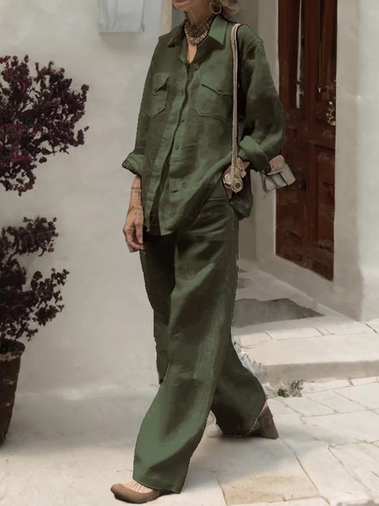 Casual Plain Shirt Collar Two-Piece Set