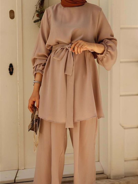 Women's Split Joint Plain Daily Going Out Two-Piece Set Khaki Casual Spring/Fall Top With Pants Matching Set