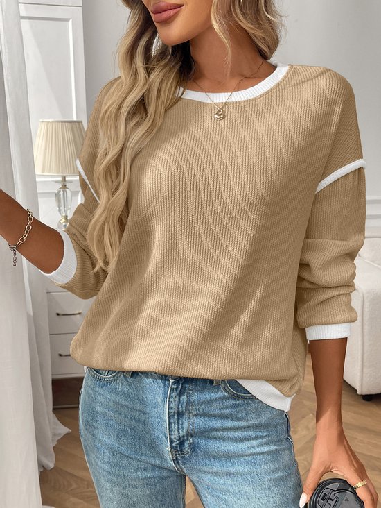 Women Color Block Crew Neck Casual Long Sleeve T-shirt
