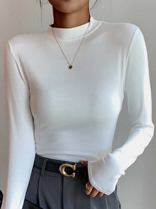 Women Plain Mock Neck Simple Long Sleeve T-shirt