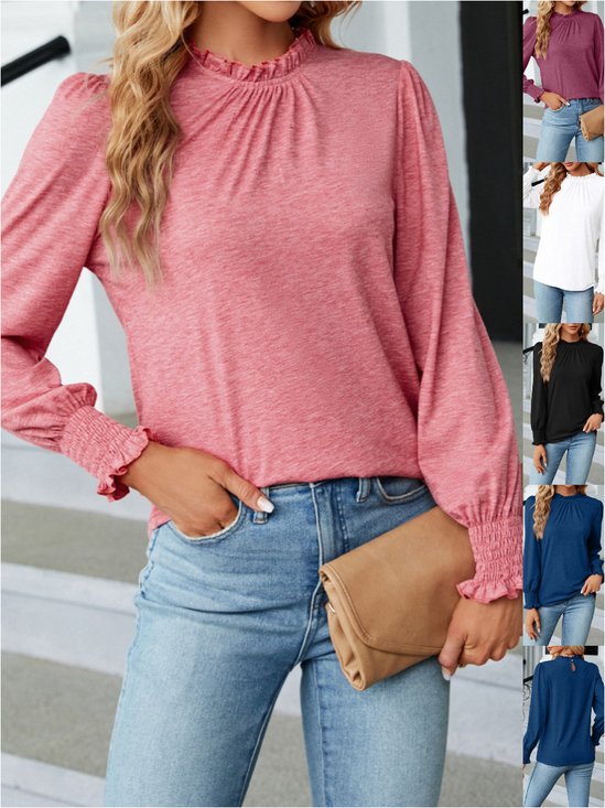 Women Plain Crew Neck Vintage Long Sleeve T-shirt