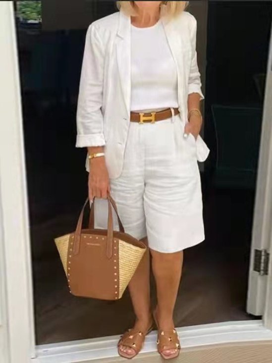 Women's Split Joint Plain Daily Going Out Two-Piece Set White Casual Spring/Fall Top With Pants Matching Set