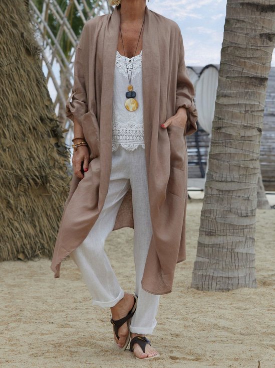 Linen Autumn New Casual Long-sleeved Shirt Dress Versatile Long Windbreaker Jacket Solid Color Cardigan