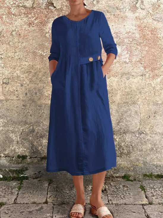 Casual Plain Buttoned Crew Neck Midi Dress