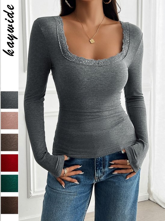 Women Floral Square Neck Casual Long Sleeve T-shirt