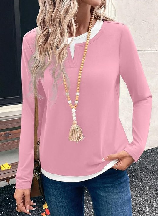 Women Color Block V Neck Casual Long Sleeve T-shirt
