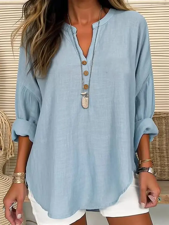 Women's Long Sleeve Blouse Spring/Fall Blue Plain Printing Cotton-Blend V Neck Daily Going Out Casual Top