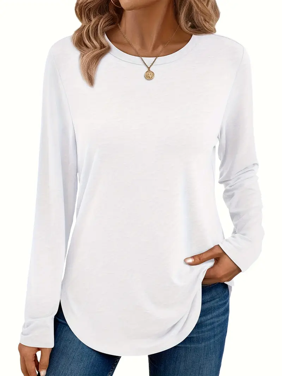 Women Plain Color Crew Neck Casual Long Sleeve T-shirt
