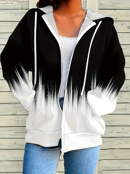 Women's Abstract Print Casual Long Sleeve Zipper Hooded Sweatshirt Jacket