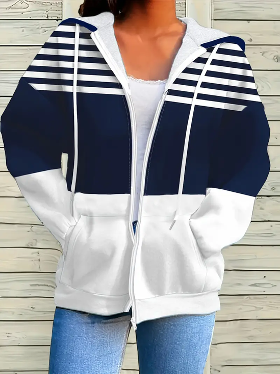 Women's Abstract Print Casual Long Sleeve Zipper Hooded Sweatshirt Jacket