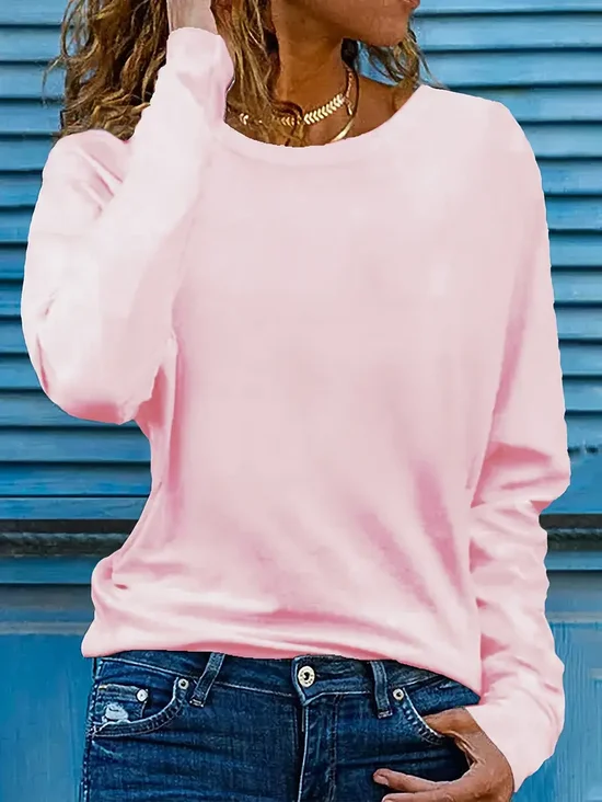 Women Plain Crew Neck Casual Long Sleeve T-shirt
