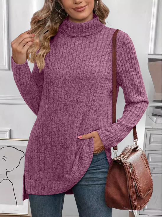 Women Plain Turtleneck Vintage Long Sleeve T-shirt