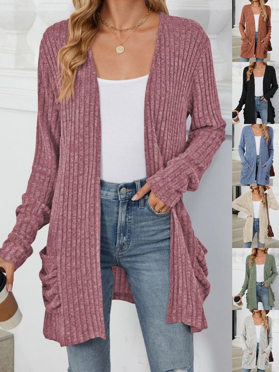 Cotton-Blend Loose Simple New Autumn And Winter Solid Color Casual Pocket Long-sleeved Warm Knitted Cardigan