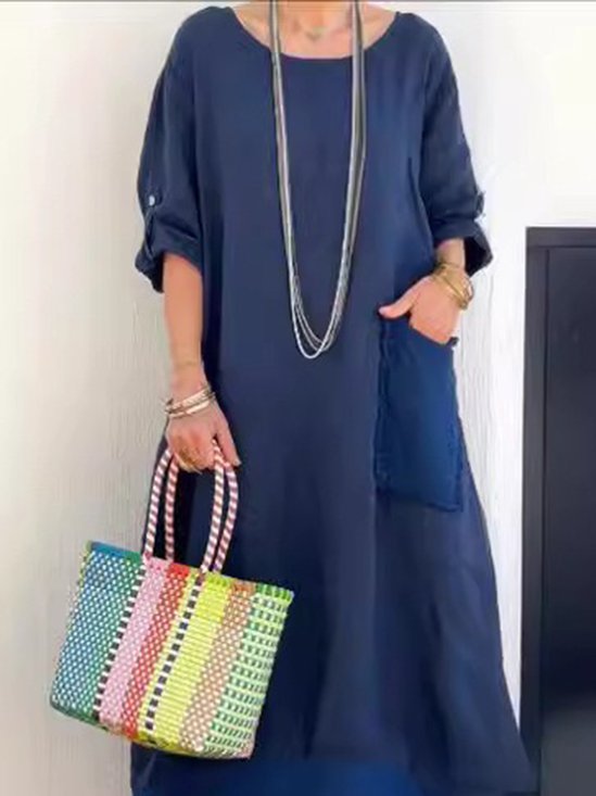 Casual Plain Regular Sleeve Crew Neck Midi Dress