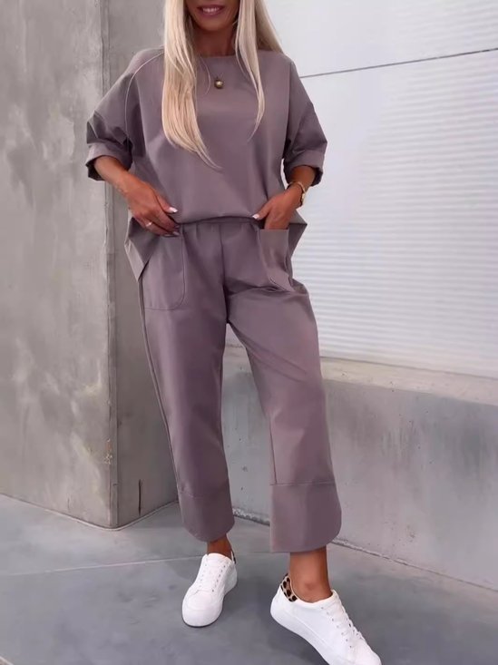 Women's Split Joint Plain Daily Going Out Two-Piece Set Purple Casual Spring/Fall Top With Pants Matching Set