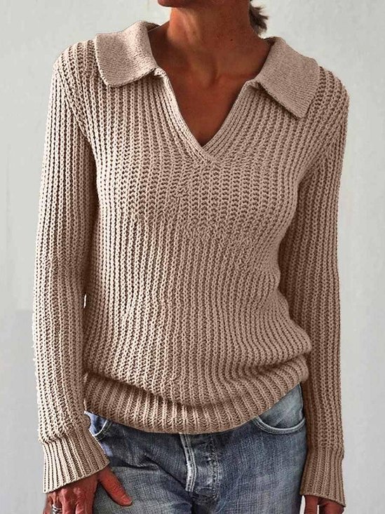 Women's Solid Color Long Sleeve Sweater Lapel Slim Fit Vintage Knit Top