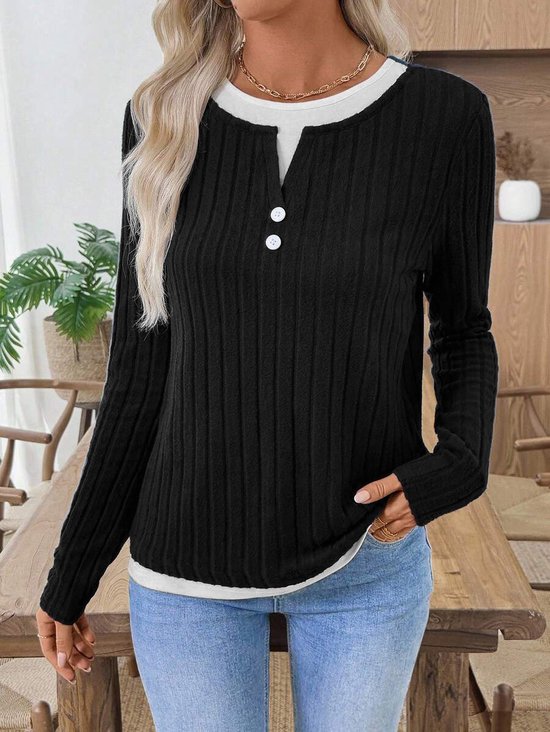 Women Plain V Neck Casual Long Sleeve T-shirt