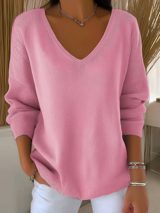 Women Plain V Neck Casual Long Sleeve T-shirt