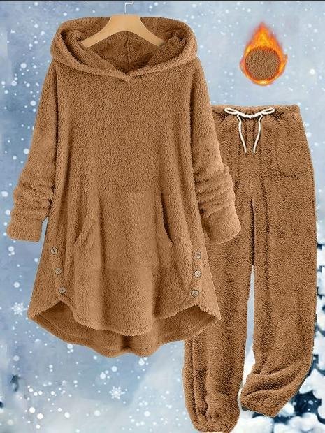 Loose Casual Solid Color Plush Hooded Long-Sleeved Trousers Two-Piece Suit
