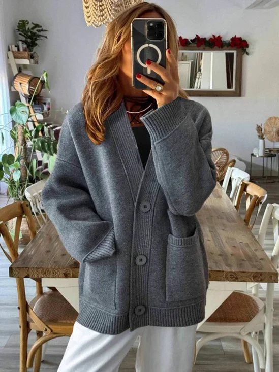 Casual Plain V Neck Cardigan