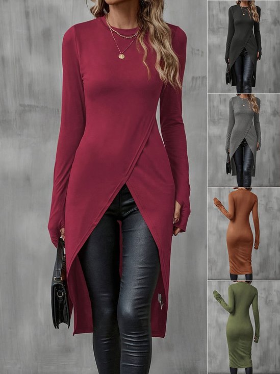 Women Plain Crew Neck Vintage Long Sleeve T-shirt
