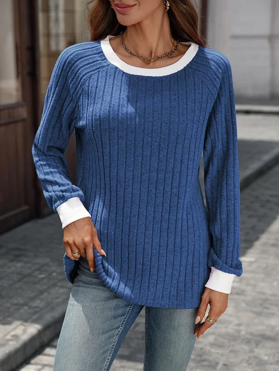 Women Color Block Crew Neck Casual Long Sleeve T-shirt