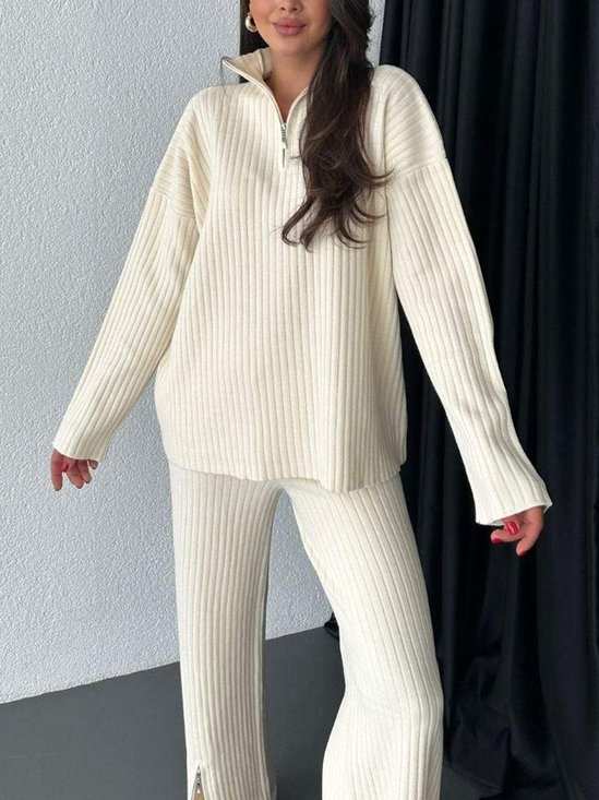 Women's Embossed Plain Daily Going Out Two-Piece Set Apricot Casual Spring/Fall Top With Pants Matching Set