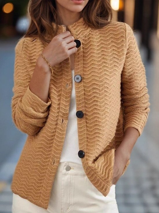 Casual Plain Stand Collar Cardigan