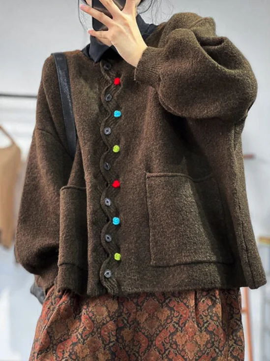 Casual Multicolor Block V Neck Loose Cardigan