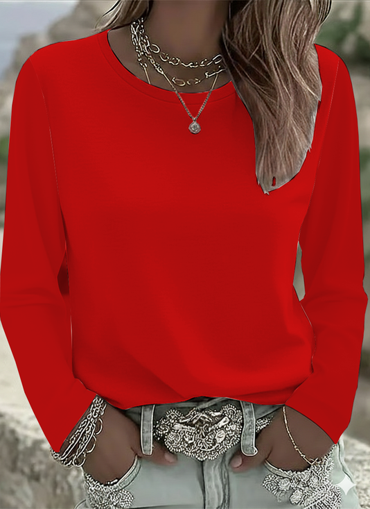 Women Plain Crew Neck Casual Long Sleeve T-shirt