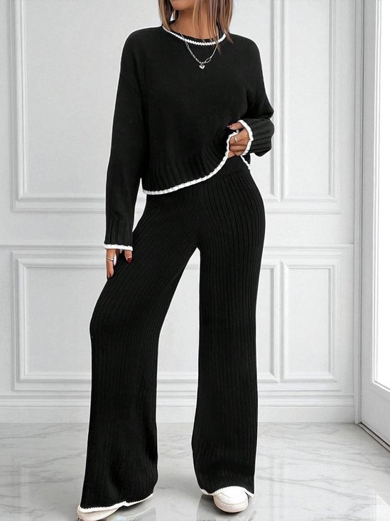 Casual Color Block Crew Neck Two-Piece Set